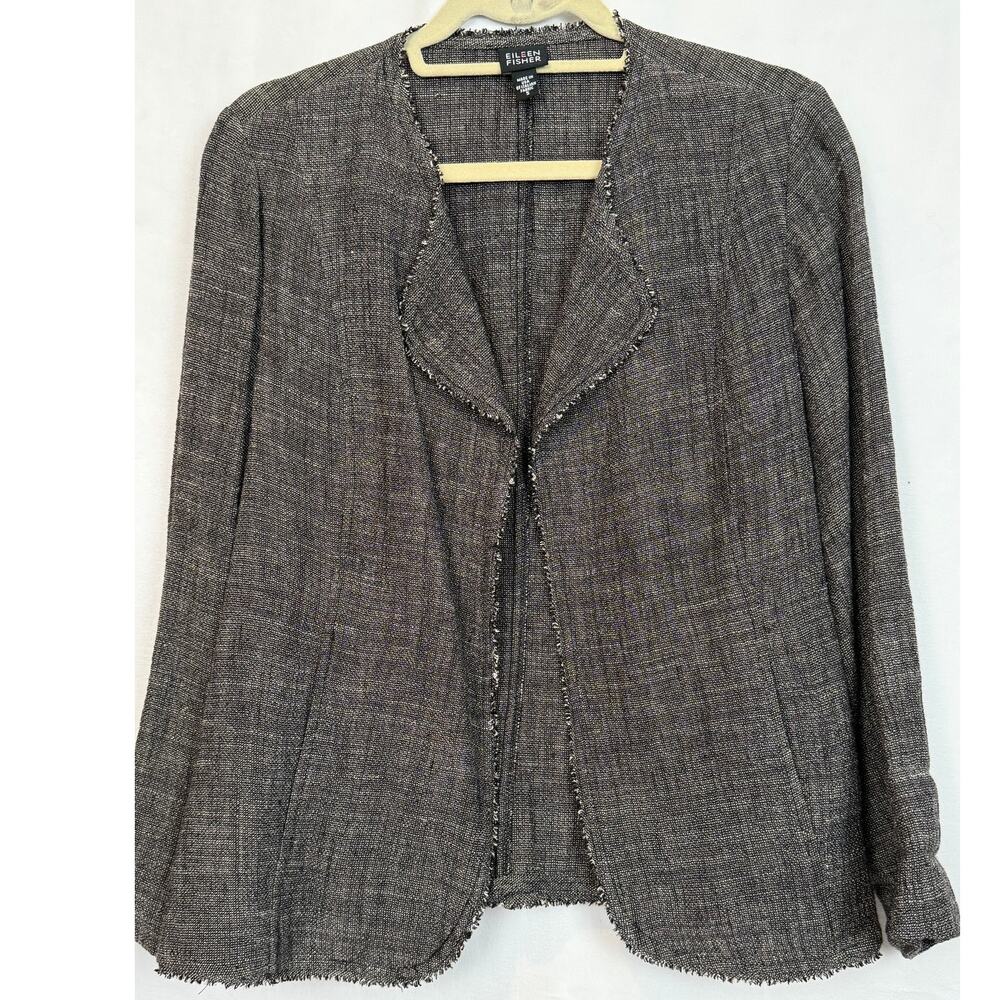 Eileen Fisher Jacket S Charcoal Linen Rayon Made USA Italian Fabric Raw Edge